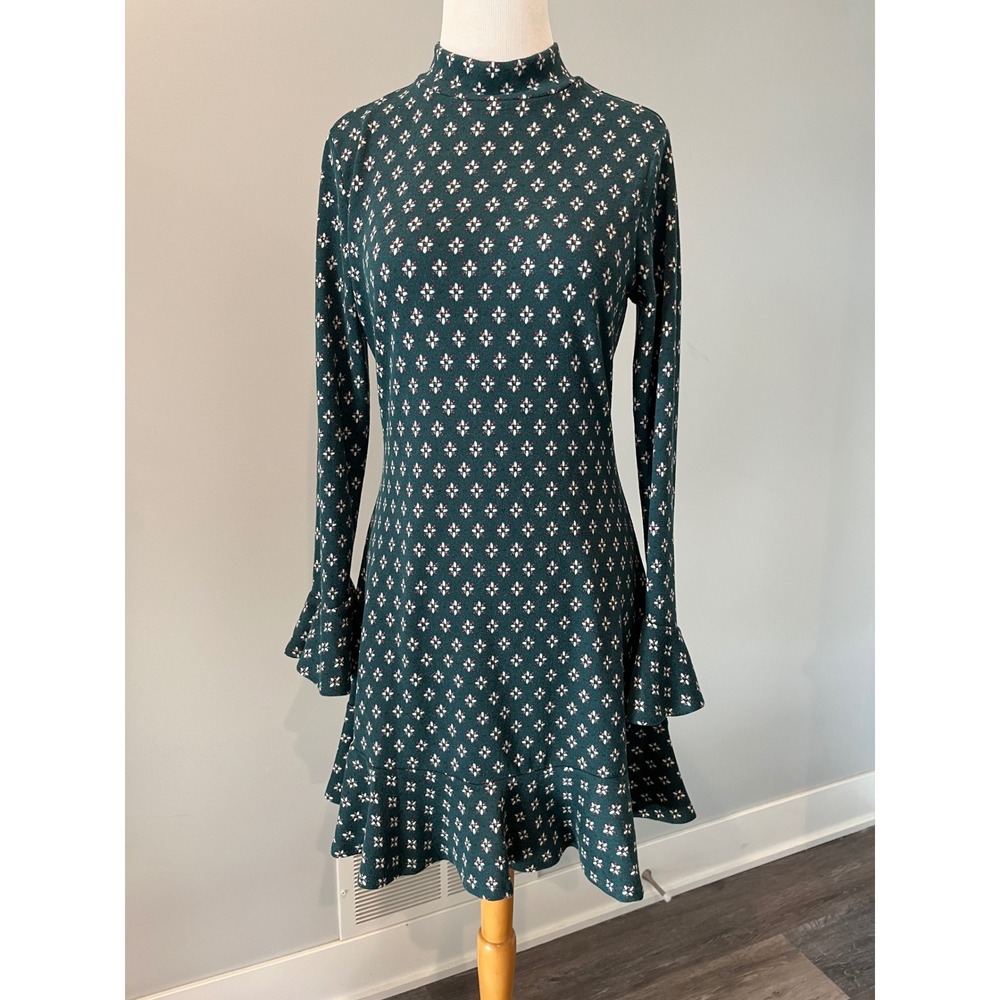 Bebop Womens Teal Green Floral Geometric Neck‎ Bell Sleeve Ruffle Mini Dress M